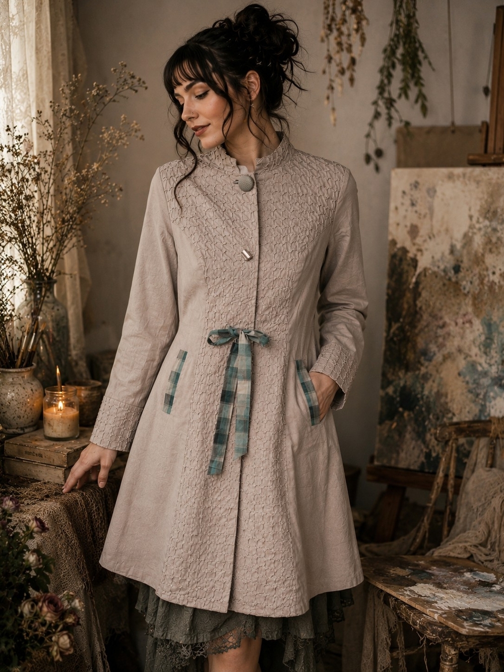 Women’s Neutral Taupe Textured A-Line Coat with Plaid Tie